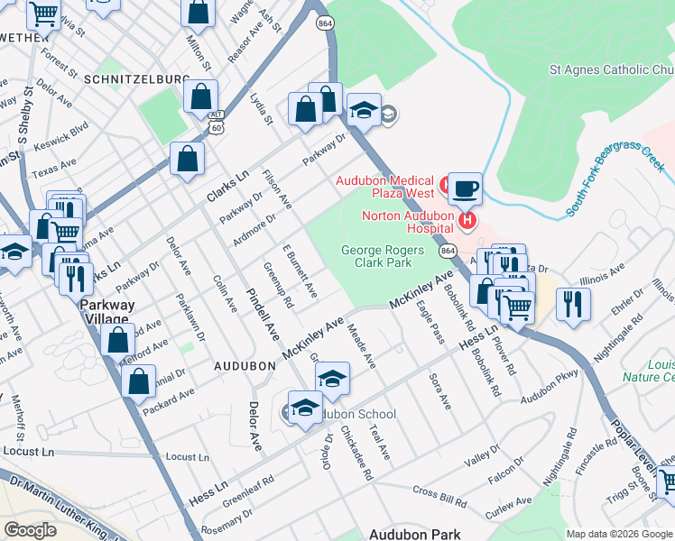 map of restaurants, bars, coffee shops, grocery stores, and more near 2501 Filson Avenue in Louisville