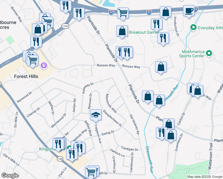 map of restaurants, bars, coffee shops, grocery stores, and more near 2107 Mammoth Way in Jeffersontown