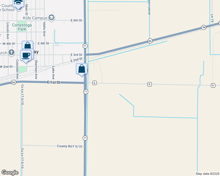 map of restaurants, bars, coffee shops, grocery stores, and more near 18184 County Road G in Ordway