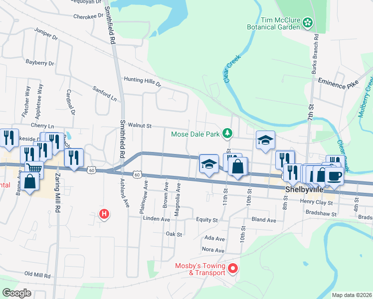 map of restaurants, bars, coffee shops, grocery stores, and more near 113 Alton Road in Shelbyville