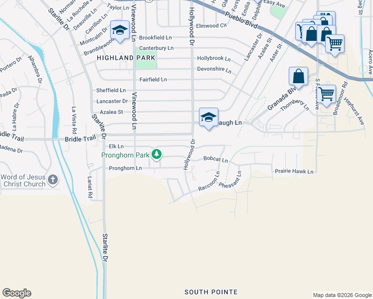 map of restaurants, bars, coffee shops, grocery stores, and more near 3712 Bison Lane in Pueblo