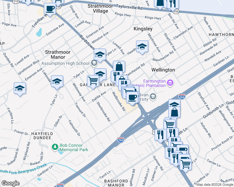 map of restaurants, bars, coffee shops, grocery stores, and more near 3009 Wellbrooke Road in Louisville