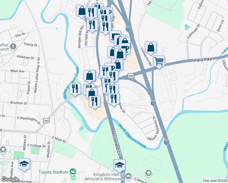 map of restaurants, bars, coffee shops, grocery stores, and more near 107 Finley Drive in Georgetown