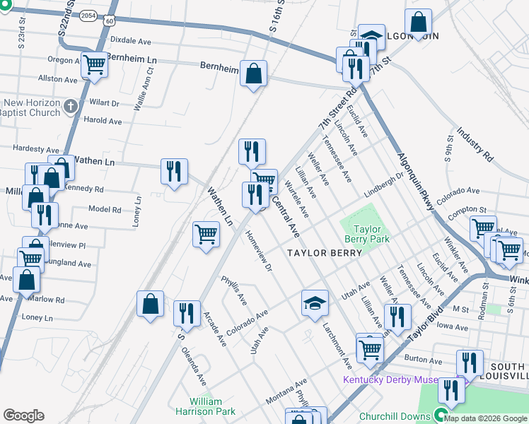 map of restaurants, bars, coffee shops, grocery stores, and more near 2525 7th Street Road in Louisville