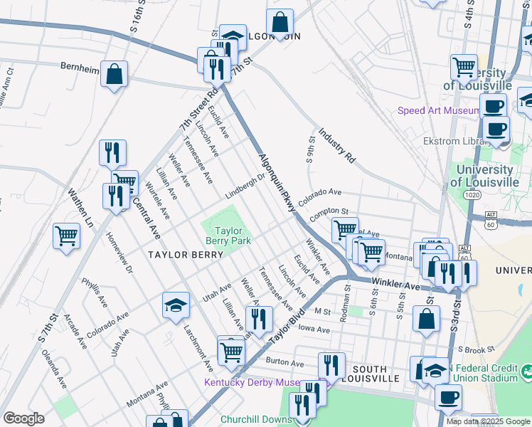 map of restaurants, bars, coffee shops, grocery stores, and more near 1050 Euclid Avenue in Louisville