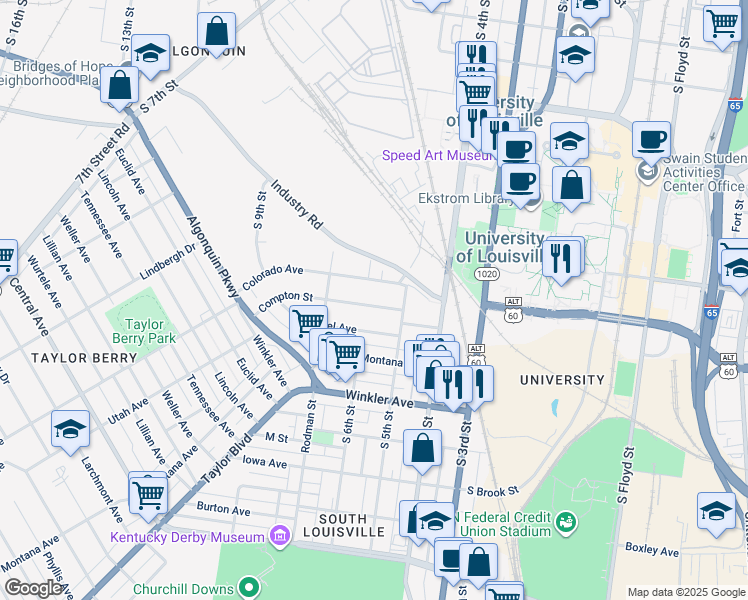 map of restaurants, bars, coffee shops, grocery stores, and more near 517 Compton Street in Louisville