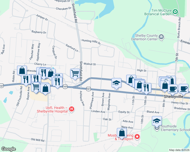 map of restaurants, bars, coffee shops, grocery stores, and more near 120 Adair Avenue in Shelbyville