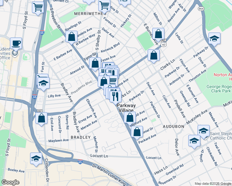 map of restaurants, bars, coffee shops, grocery stores, and more near 2344 Fleet Avenue in Louisville