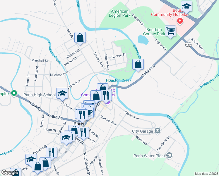 map of restaurants, bars, coffee shops, grocery stores, and more near 37 East Main Street in Paris