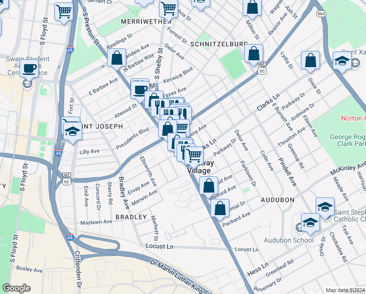 map of restaurants, bars, coffee shops, grocery stores, and more near 2344 Fleet Avenue in Louisville