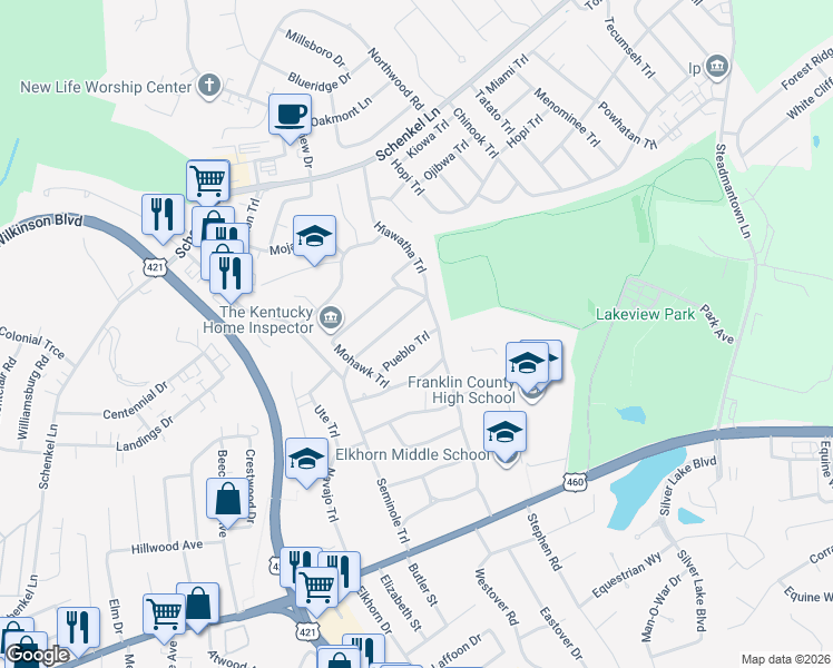 map of restaurants, bars, coffee shops, grocery stores, and more near 302 Hiawatha Trail in Frankfort