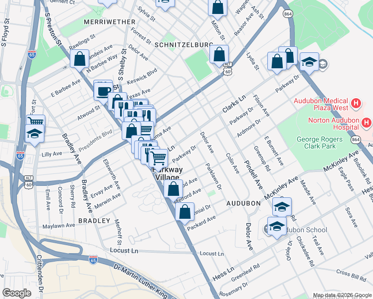 map of restaurants, bars, coffee shops, grocery stores, and more near 851 Parkway Drive in Parkway Village