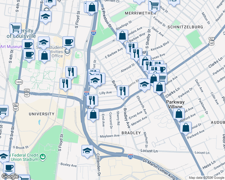 map of restaurants, bars, coffee shops, grocery stores, and more near 541 Lilly Avenue in Louisville
