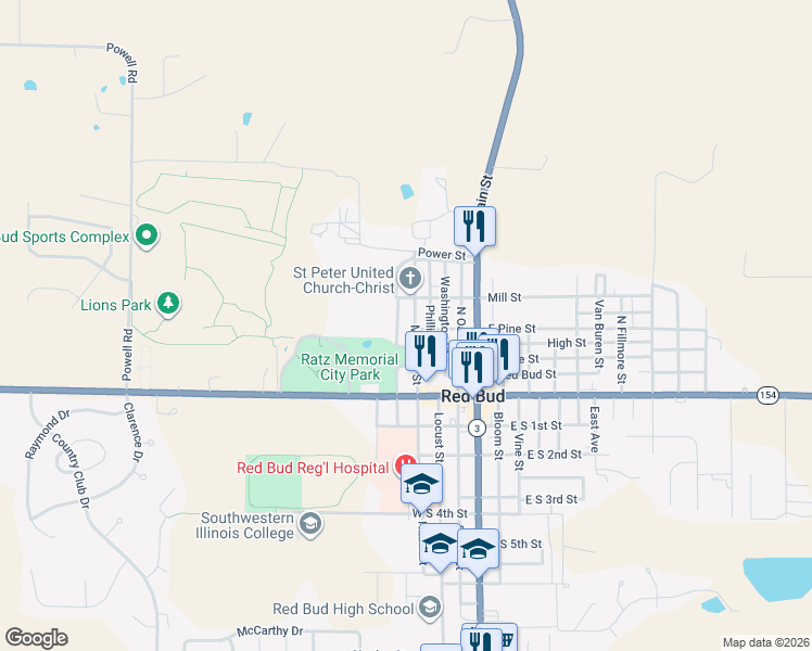map of restaurants, bars, coffee shops, grocery stores, and more near 307 Madison Street in Red Bud