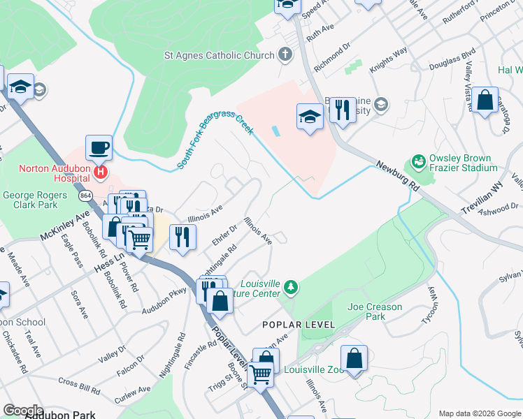 map of restaurants, bars, coffee shops, grocery stores, and more near 1709 Nightingale Road in Louisville