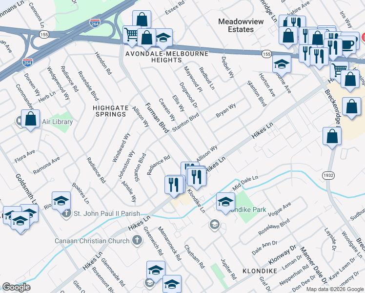 map of restaurants, bars, coffee shops, grocery stores, and more near 3313 Furman Boulevard in Louisville