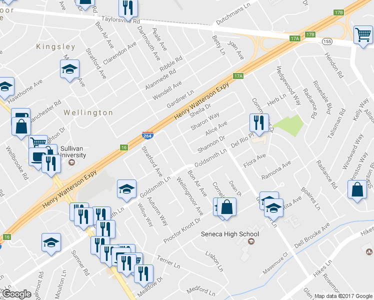 map of restaurants, bars, coffee shops, grocery stores, and more near 2709 Shannon Drive in Louisville