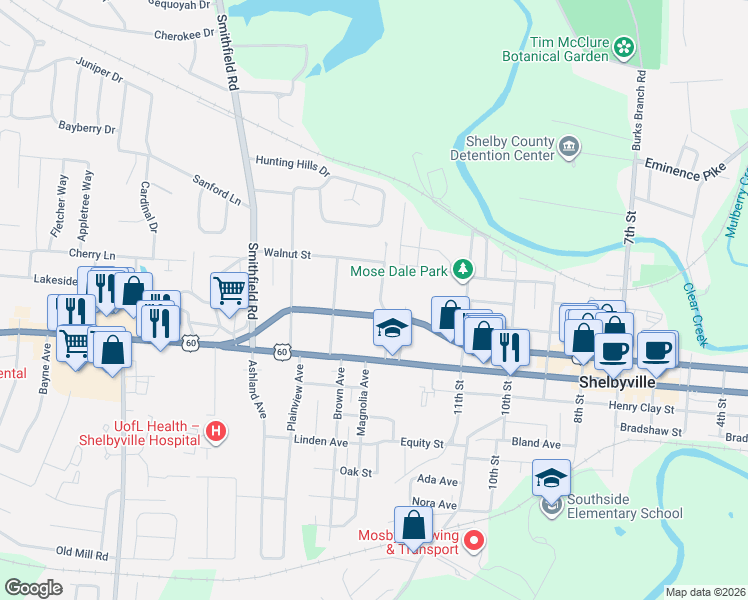 map of restaurants, bars, coffee shops, grocery stores, and more near 1207 Washington Street in Shelbyville