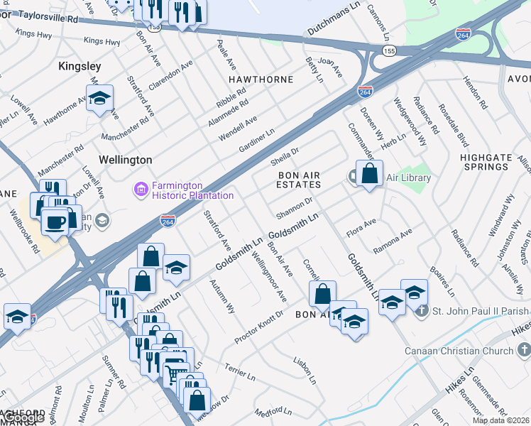 map of restaurants, bars, coffee shops, grocery stores, and more near 2709 Shannon Drive in Louisville