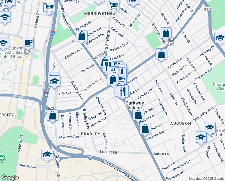 map of restaurants, bars, coffee shops, grocery stores, and more near in Louisville