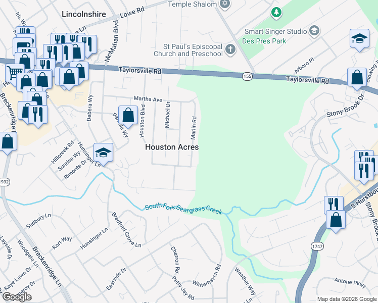 map of restaurants, bars, coffee shops, grocery stores, and more near 3130 Marlin Road in Houston Acres