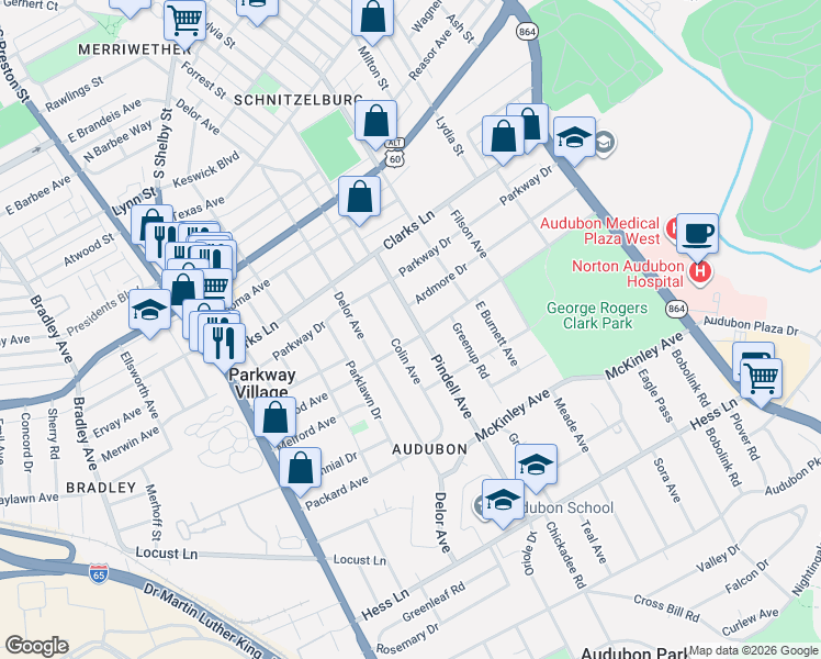 map of restaurants, bars, coffee shops, grocery stores, and more near 2626 Pindell Avenue in Louisville