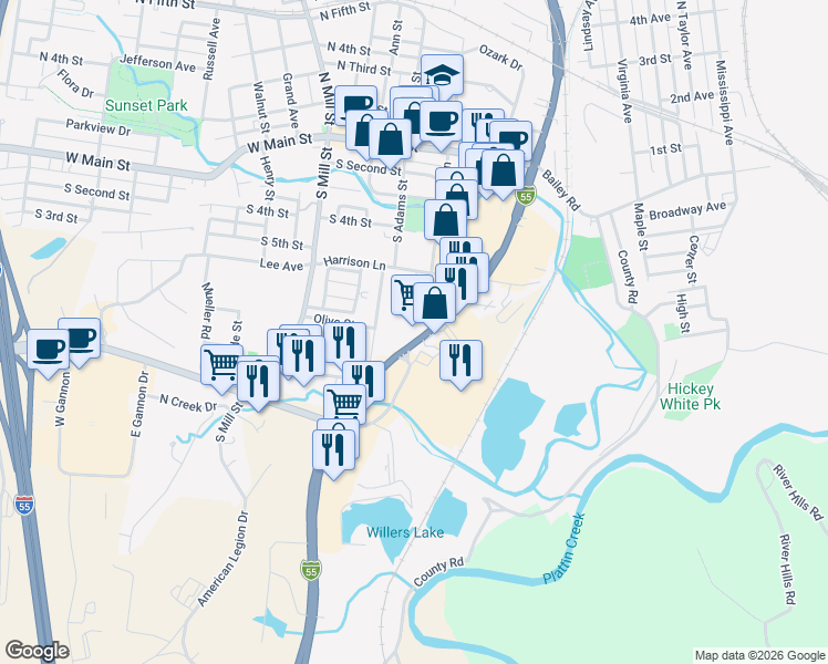 map of restaurants, bars, coffee shops, grocery stores, and more near 627 South Truman Boulevard in Festus