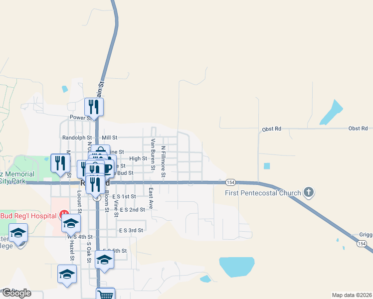 map of restaurants, bars, coffee shops, grocery stores, and more near 909 East Pine Street in Red Bud
