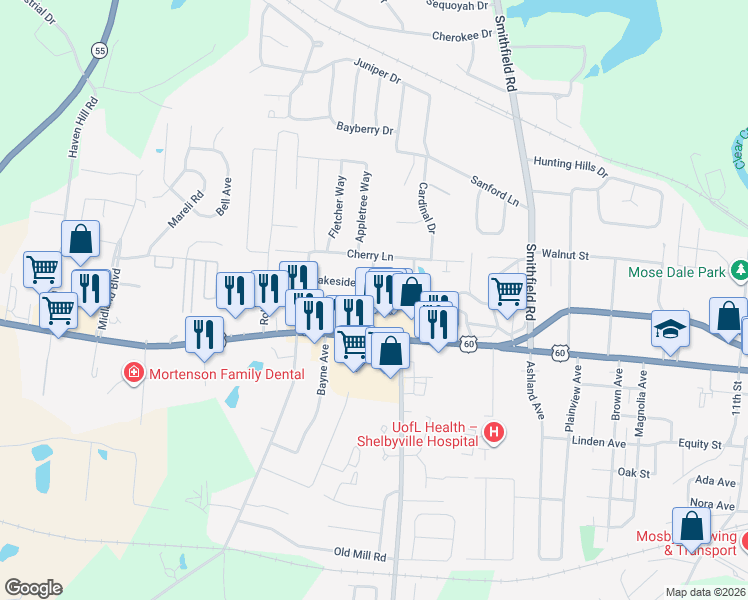 map of restaurants, bars, coffee shops, grocery stores, and more near 1614 Lakeside Drive in Shelbyville