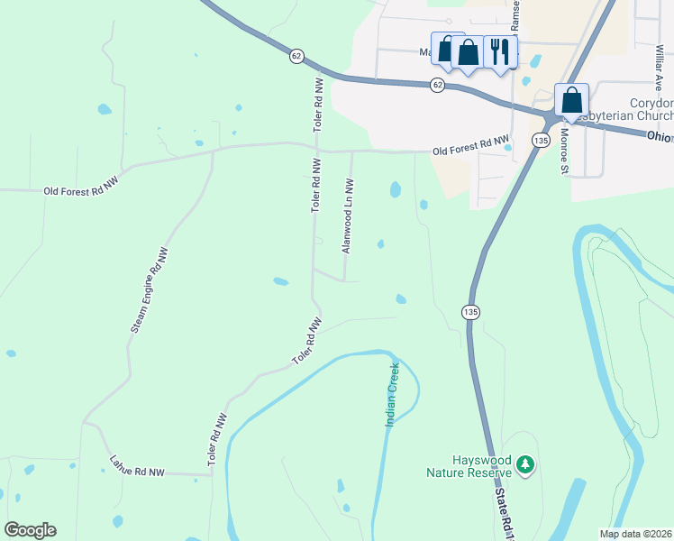 map of restaurants, bars, coffee shops, grocery stores, and more near 1450 Lynndale Drive Northwest in Corydon
