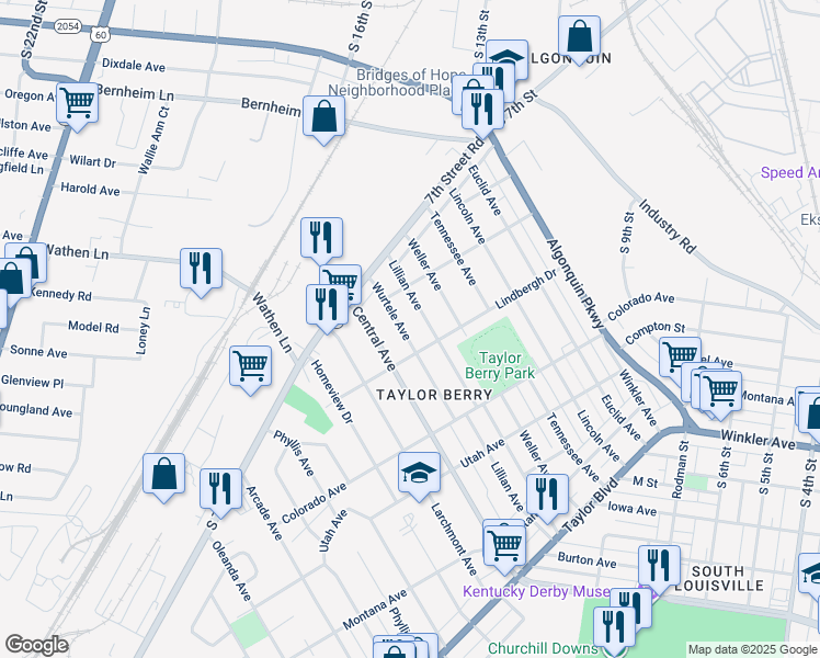 map of restaurants, bars, coffee shops, grocery stores, and more near 1511 Wurtele Avenue in Louisville