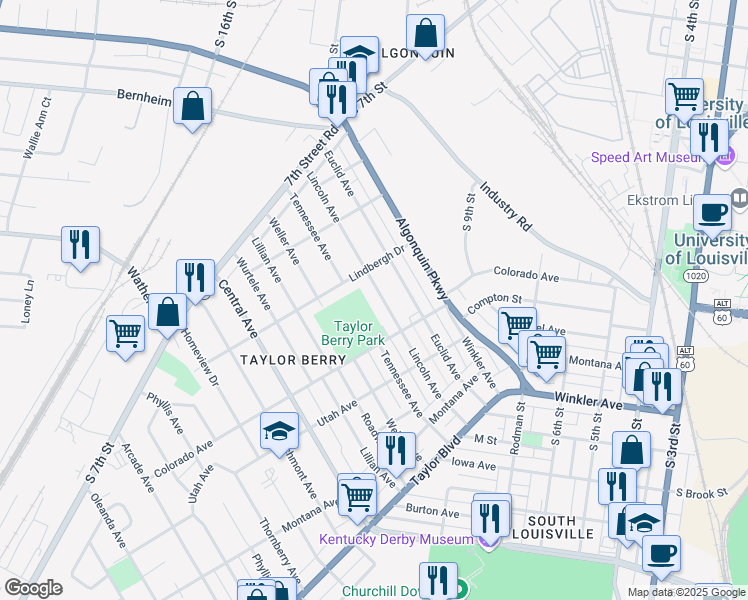 map of restaurants, bars, coffee shops, grocery stores, and more near 1156 Lincoln Ave in Louisville