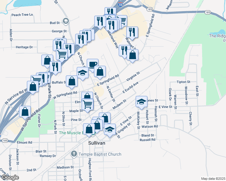 map of restaurants, bars, coffee shops, grocery stores, and more near 112 Virginia Street in Sullivan