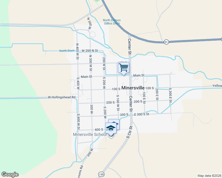 map of restaurants, bars, coffee shops, grocery stores, and more near 100-198 West 100 South Street in Minersville