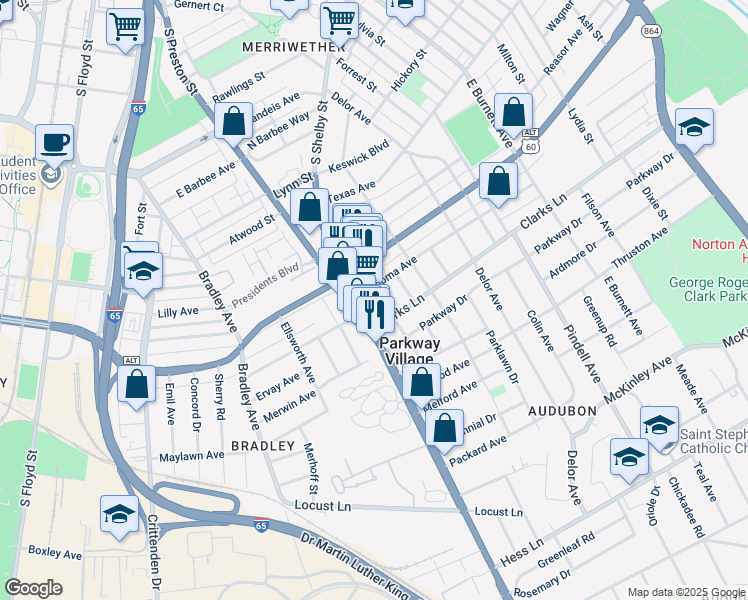 map of restaurants, bars, coffee shops, grocery stores, and more near 2344 Fleet Avenue in Louisville