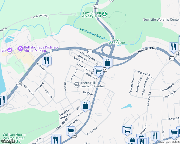 map of restaurants, bars, coffee shops, grocery stores, and more near 205 Claxon Street in Frankfort