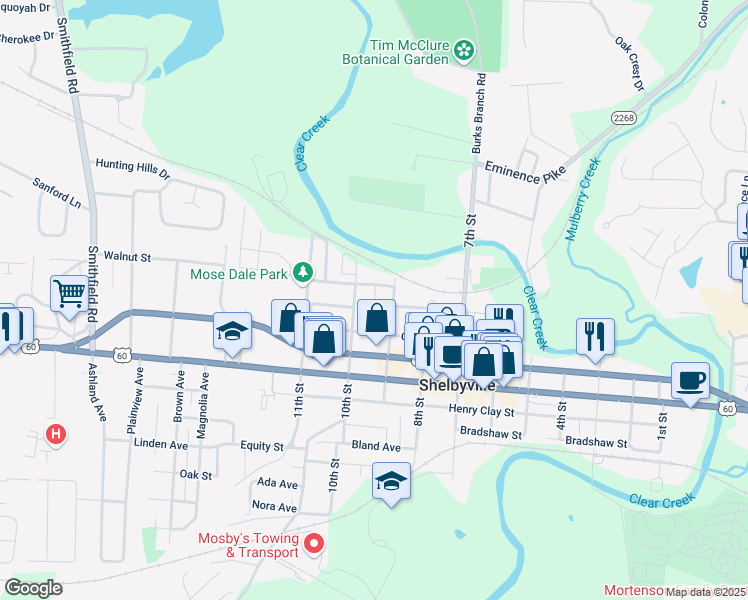 map of restaurants, bars, coffee shops, grocery stores, and more near 116 Berea Street in Shelbyville
