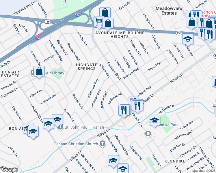 map of restaurants, bars, coffee shops, grocery stores, and more near 3647 Stanton Boulevard in Louisville