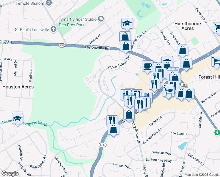 map of restaurants, bars, coffee shops, grocery stores, and more near 8507 Atrium Drive in Jeffersontown