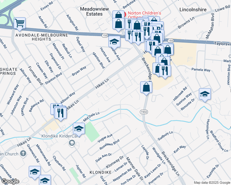 map of restaurants, bars, coffee shops, grocery stores, and more near 3245 Orchard Manor Circle in Louisville
