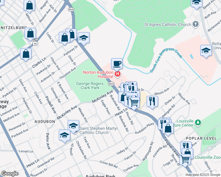 map of restaurants, bars, coffee shops, grocery stores, and more near 1700 Poplar Level Road in Louisville