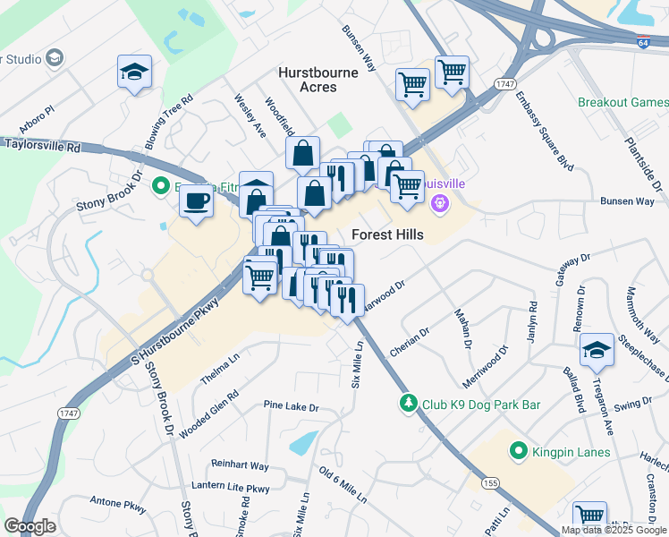 map of restaurants, bars, coffee shops, grocery stores, and more near 9101 Taylorsville Rd in Louisville