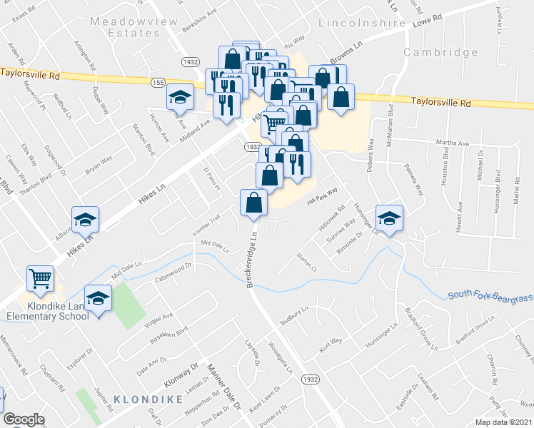 map of restaurants, bars, coffee shops, grocery stores, and more near 3105 Churchill Place in Louisville