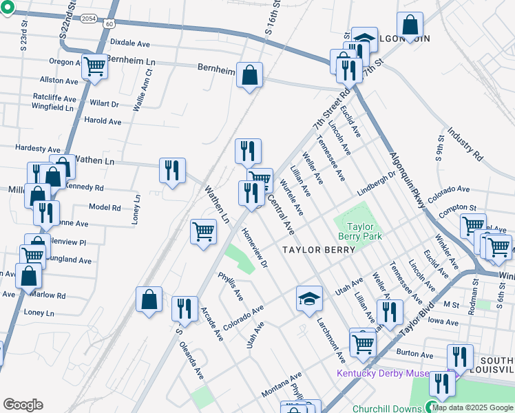 map of restaurants, bars, coffee shops, grocery stores, and more near 2525 7th Street Road in Louisville