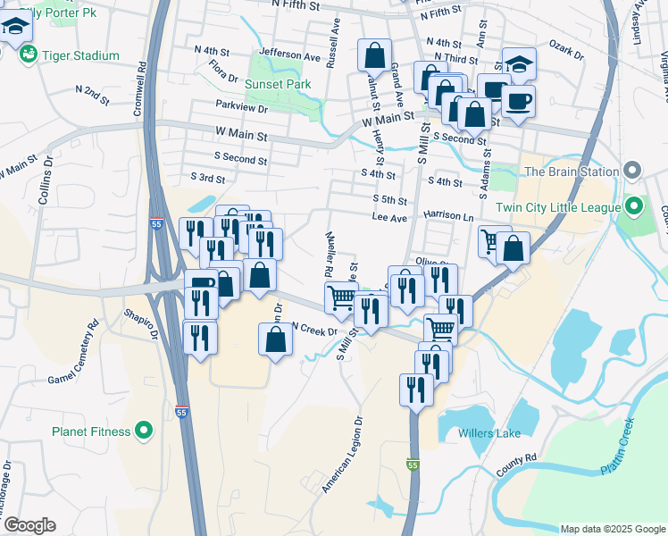 map of restaurants, bars, coffee shops, grocery stores, and more near 708 Mueller Road in Festus