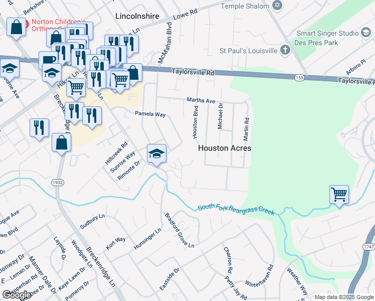 map of restaurants, bars, coffee shops, grocery stores, and more near 3225 Hunsinger Lane in Louisville