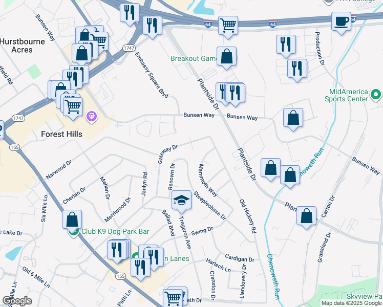 map of restaurants, bars, coffee shops, grocery stores, and more near 2106 Gateway Court in Jeffersontown
