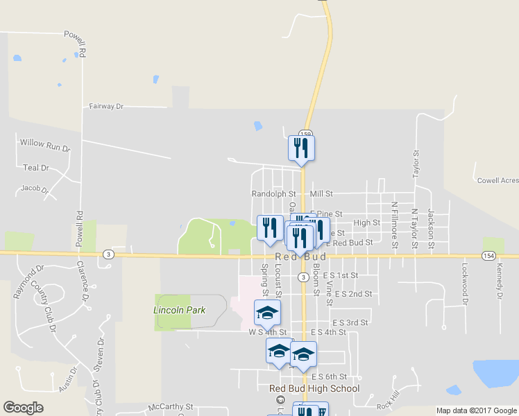 map of restaurants, bars, coffee shops, grocery stores, and more near 307 Madison Street in Red Bud