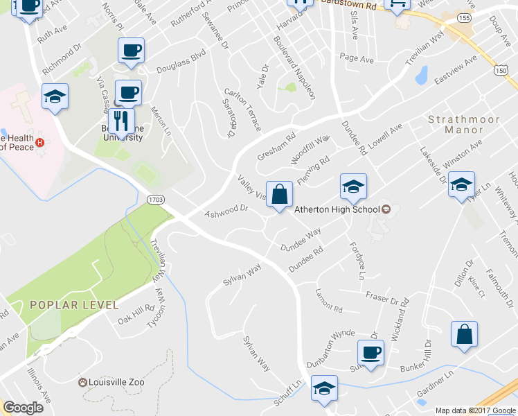 map of restaurants, bars, coffee shops, grocery stores, and more near 2431 Ashwood Drive in Louisville
