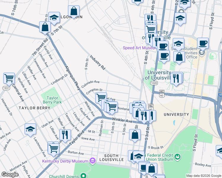 map of restaurants, bars, coffee shops, grocery stores, and more near 615 Compton Street in Louisville